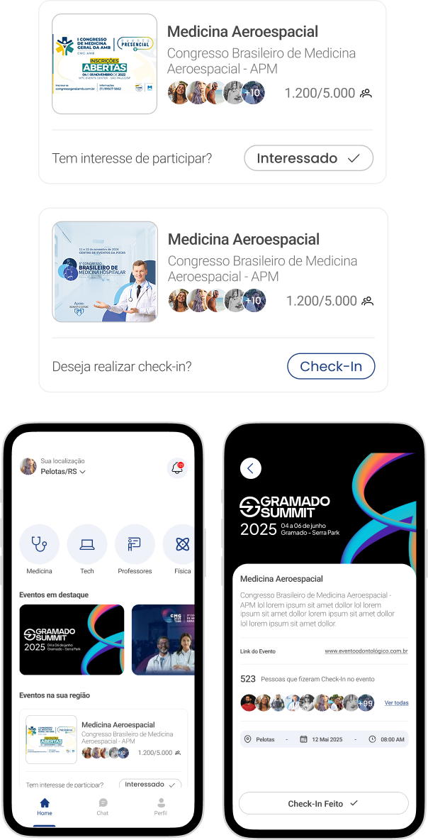 Tela do aplicativo mostrando eventos em destaque e evento de Medicina Aeroespacial.