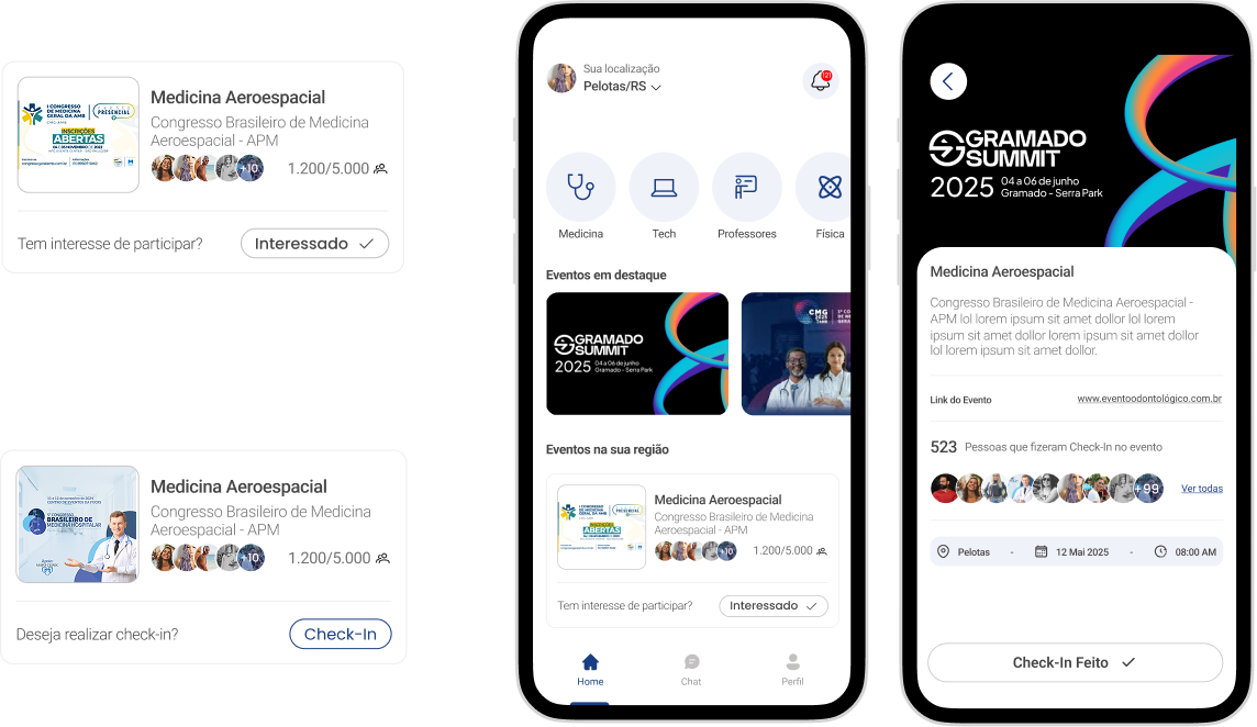 Tela do aplicativo mostrando eventos em destaque e evento de Medicina Aeroespacial.