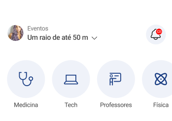 Categorias de eventos: Medicina, Tech, Professores e Física.